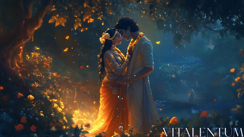 Luminous Embrace Under Enchanted Canopy of Fire.