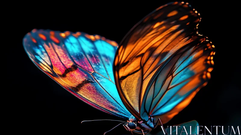 Radiant butterfly wings glow with neon light against night