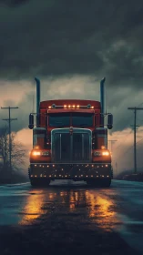 Red semi truck dominates stormy highway at dusk.