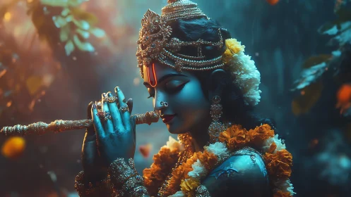 Divine blue-skinned deity plays flute in glowing forest dusk
