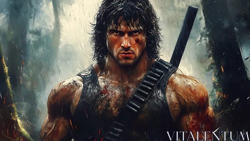 Battle-scarred jungle warrior stands defiant in the storm