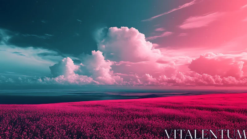 Neon magenta field under cyan sky with volumetric storm clouds