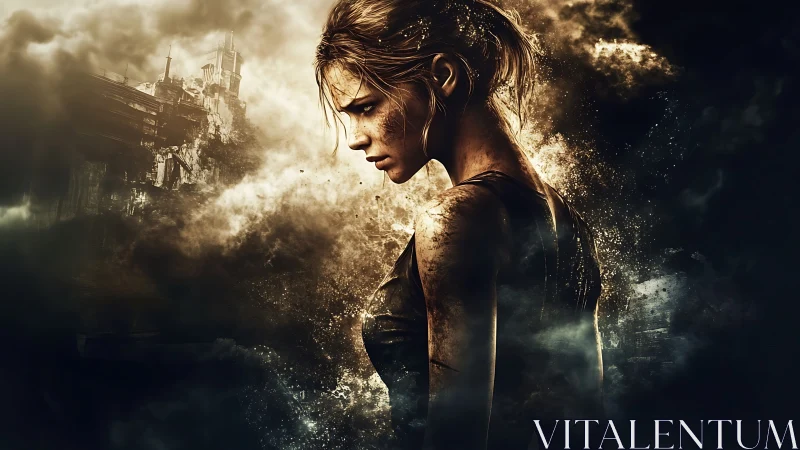 Digital painting of battle-worn heroine amid apocalyptic clouds.