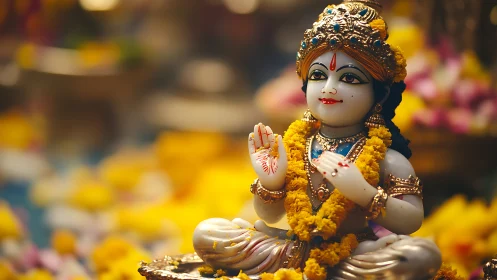 Gentle child deity statue offers calm blessings in flowers