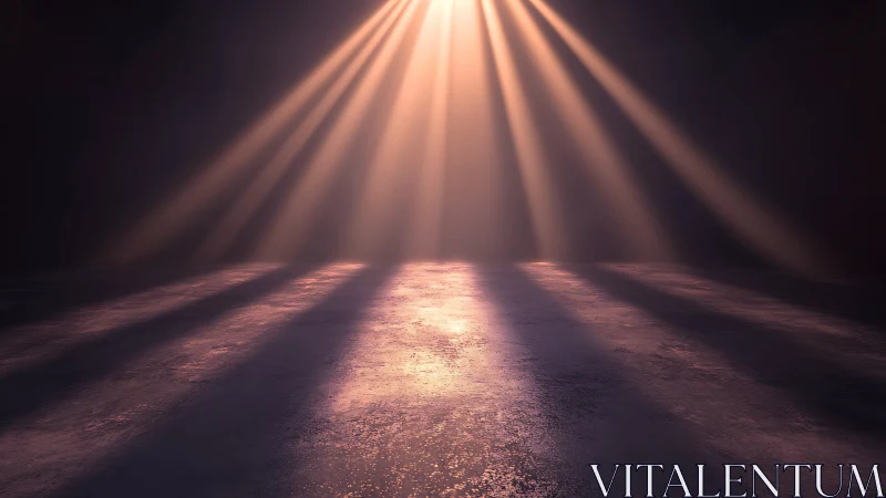 Volumetric light beams converge on textured concrete floor surface
