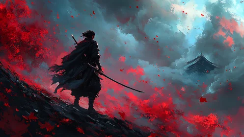 Lone samurai facing distant temple through red storm clouds.