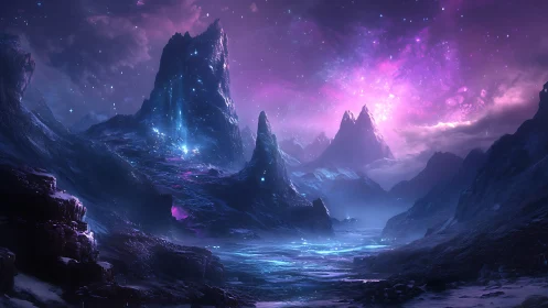 Distant alien mountain range under luminous nebula sky.