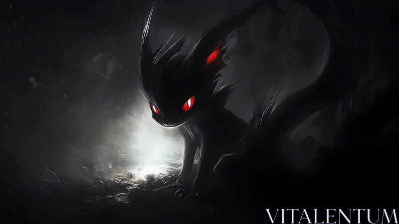 Shadowy creature with red eyes in high contrast darkness.
