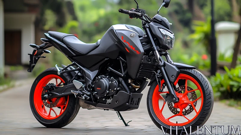 Black street motorcycle with orange wheels parked outdoors.