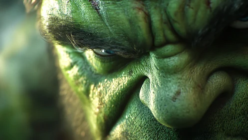 Macro-rendered green titan face under intense directional light.