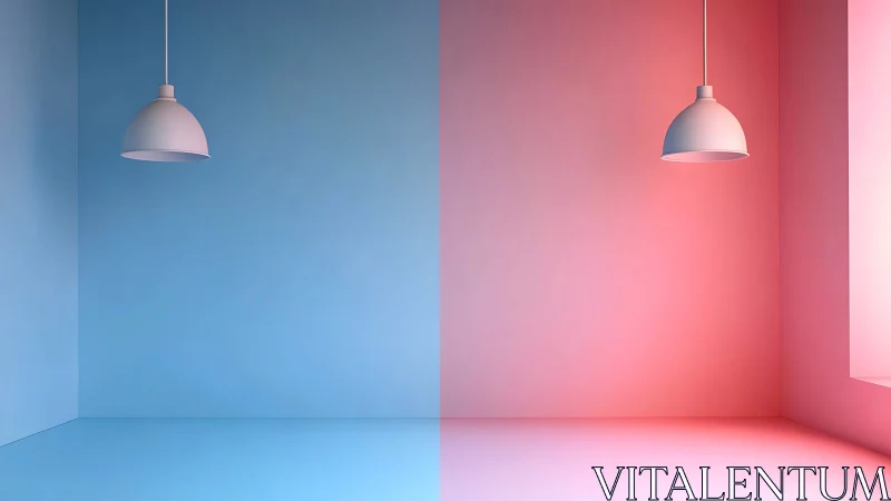 Bicolor minimal room with symmetric pendant lamps and split lighting