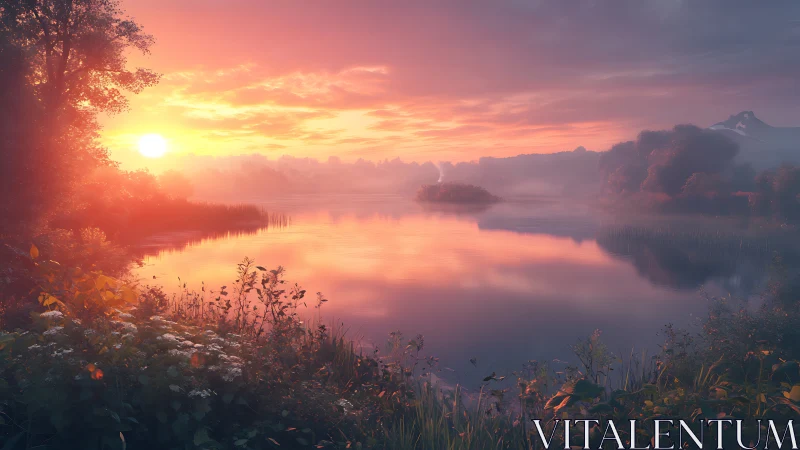 Sunrise glows over a misty lakeside framed by wildflowers