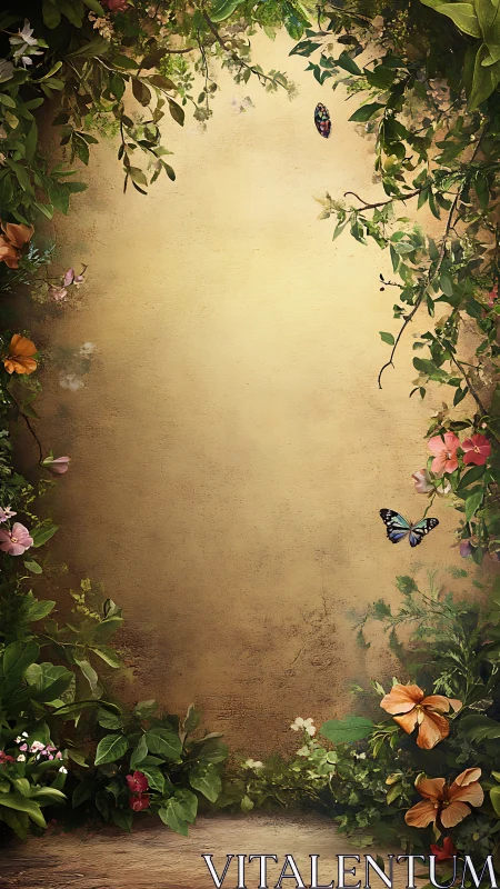 Golden garden frame surrounds tranquil butterflies in flight