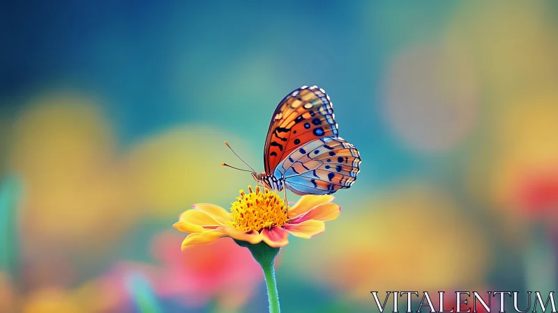Bright butterfly pauses gently on a single glowing flower