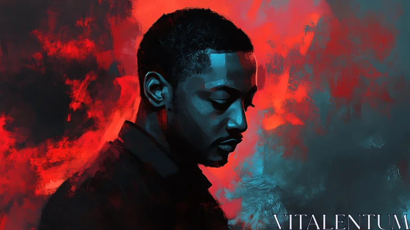 Solitary silhouette adrift in electric red and midnight blue.