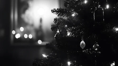 Monochrome image shows illuminated ornaments on tree