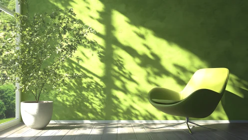 Sunlit green chair lounges beside dancing indoor tree shadows