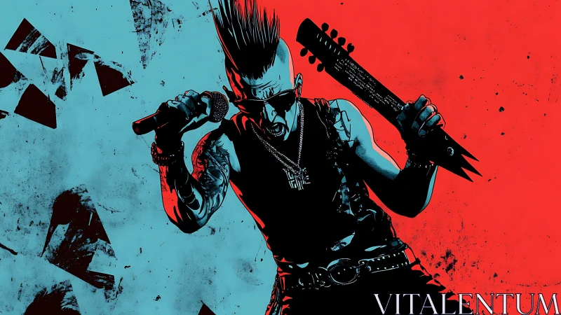 Bi-chromatic punk vocalist with spiked bat in dynamic stance.