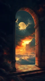 Moonlit threshold above ember clouds of a dreaming sky.