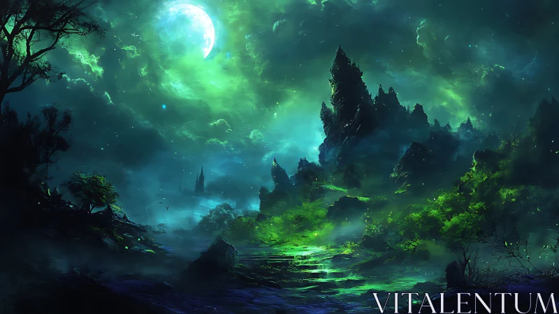 Bioluminescent lunar landscape illuminates jagged spectral peaks