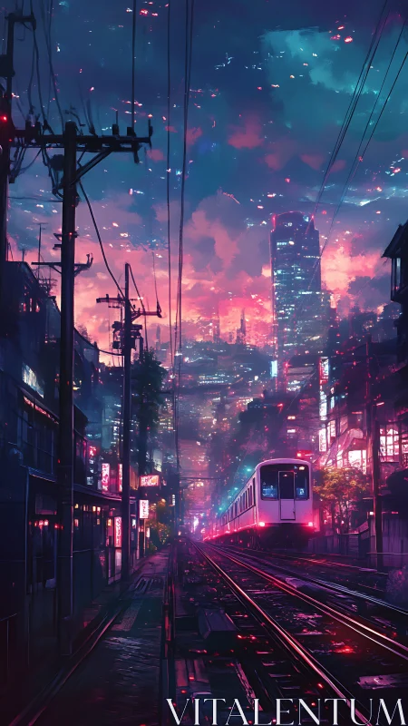 Neon rail corridor under volumetric dusk sky in dense megacity