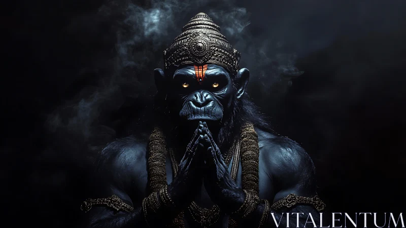 Simian humanoid figure poses in prayer with ornate headdress