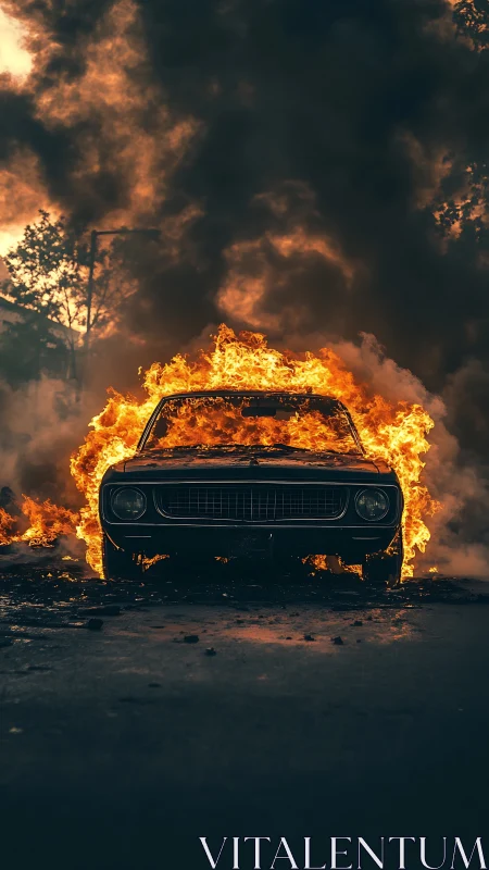 Vintage Car Engulfed in Flames with Dramatic Sky.