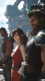 Heroic trio in industrial sci-fi corridor, cinematic lighting.