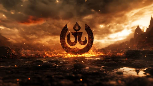 Symbol over volcanic landscape with fire-lit storm clouds.