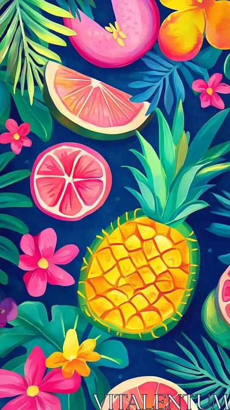 Vibrant tropical pineapple pattern with citrus segments on blue