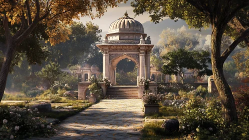 Sunlit marble pavilion in lush Mughal-style garden.