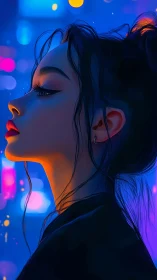 Neon-lit profile muse beneath electric midnight city glow.