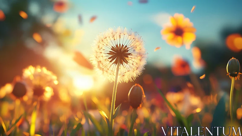 Delicate Dandelion Seed Head Glows in Golden Sunlight