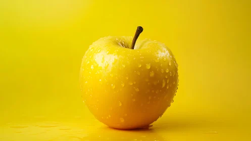 Single yellow apple with water droplets on uniform backdrop