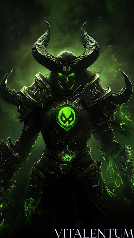 Infernal warlock in horned armor with luminous green core.