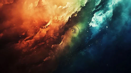 Nebula tricolor expanse with radiant circular mandalas.