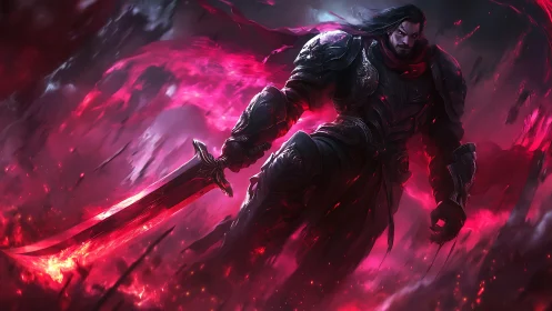 Armored swordsman stands in red-illuminated swirling mist