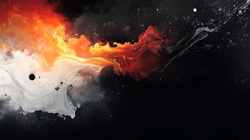 Fiery cosmic swirls drift across a deep starry black sky