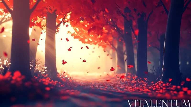 Golden path through a glowing forest of drifting autumn leaves.