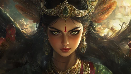 Mythic warrior queen with jeweled crown and predatory gaze.