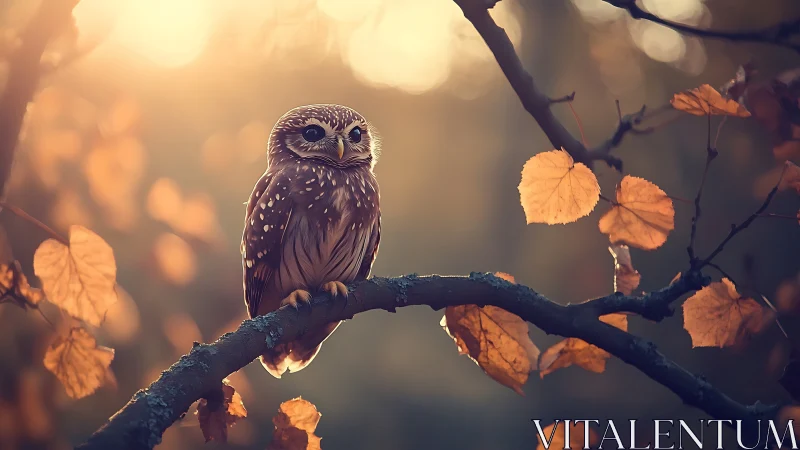 Spotted owl perched on autumn branch in soft golden sunlight.