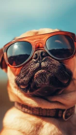 Pug wearing oversized sunglasses under bright clear sky