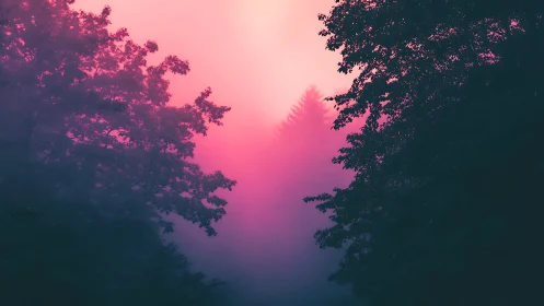 Chromatic Forest Canopy at Twilight. Silhouetted Arboreal Composition.