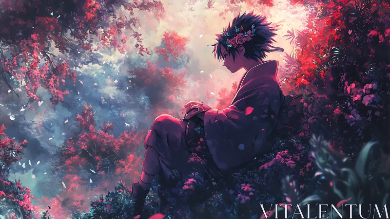Solitary anime figure in floral forest bathed in sunset light.