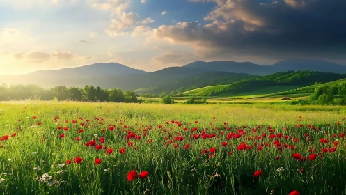 Sunlit poppy meadow under stratified stormfront sky dynamics.