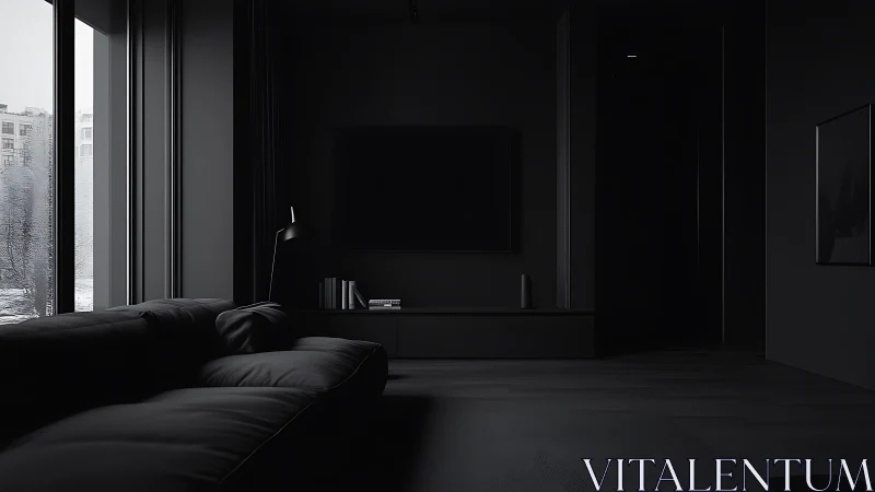 Cozy dark living room embracing a quiet rainy morning.