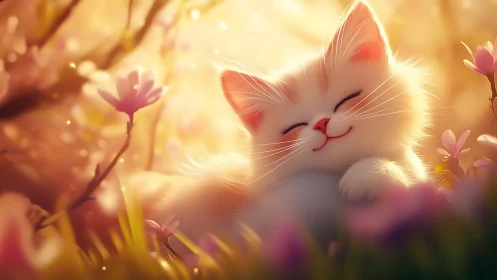 Luminous White Cat Among Blooming Flowers in Golden Light.
