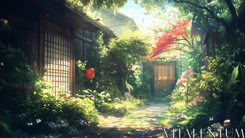 Shaded garden path between traditional wooden houses.