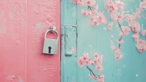 Pastel door with silver padlock and blooming cherry branches.
