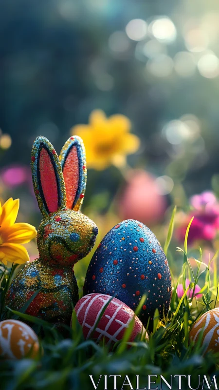 Glittered rabbit figure and painted eggs in garden grass.